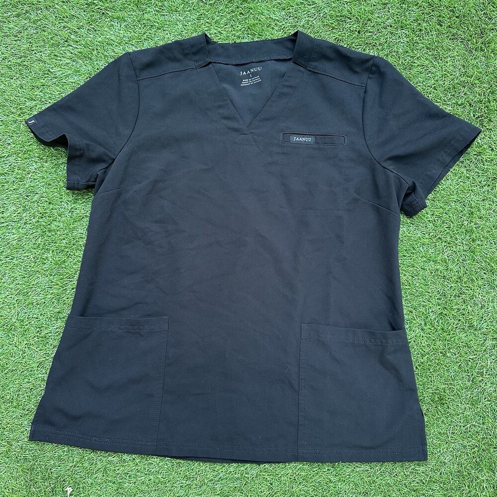 Jaanuu Scrub Top Womens Size Large‎ V Neck Big Pockets Black Nurse